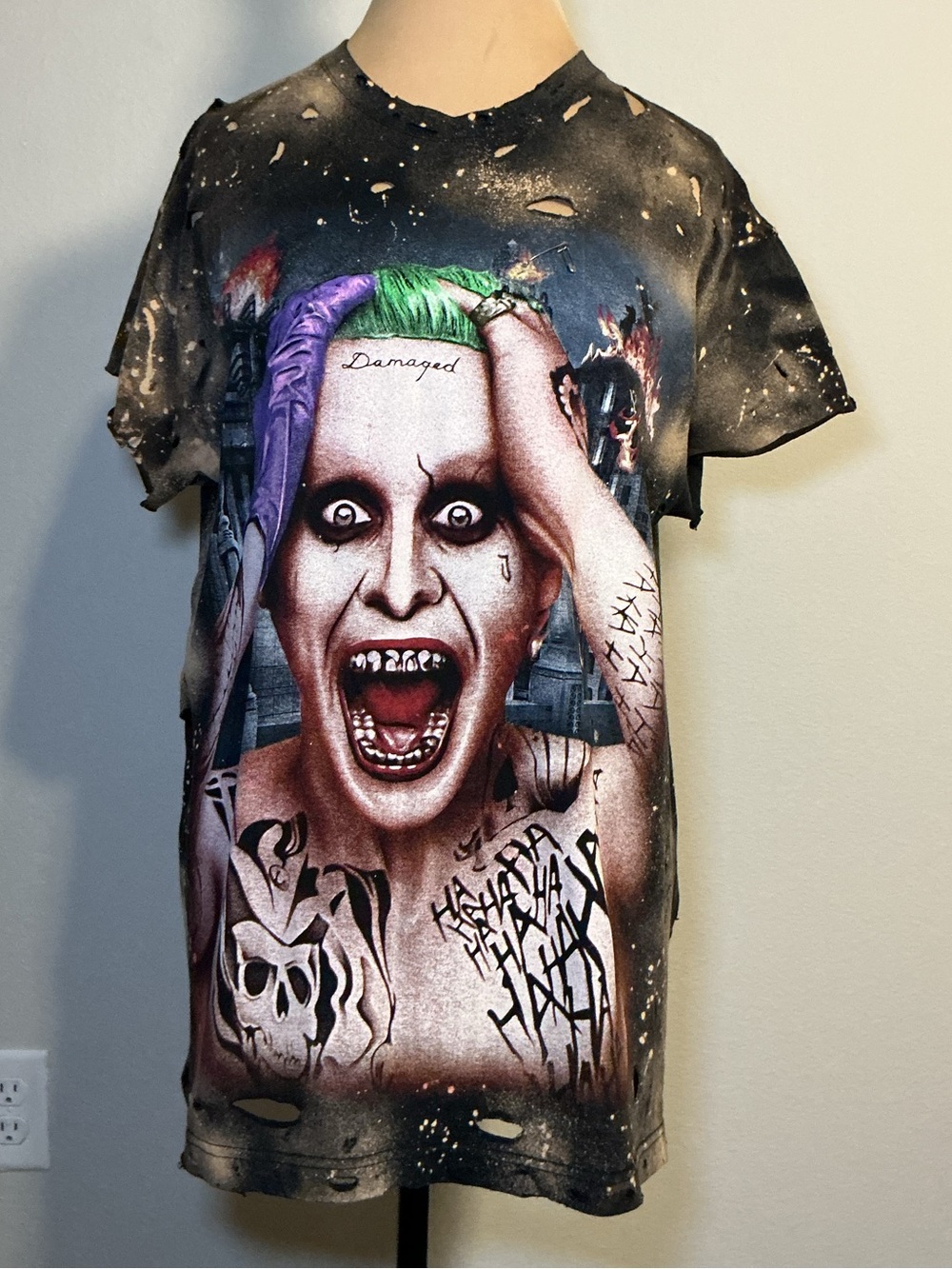 Graphic jocker Character Tee - Black with Multicolor Print upcycled by me